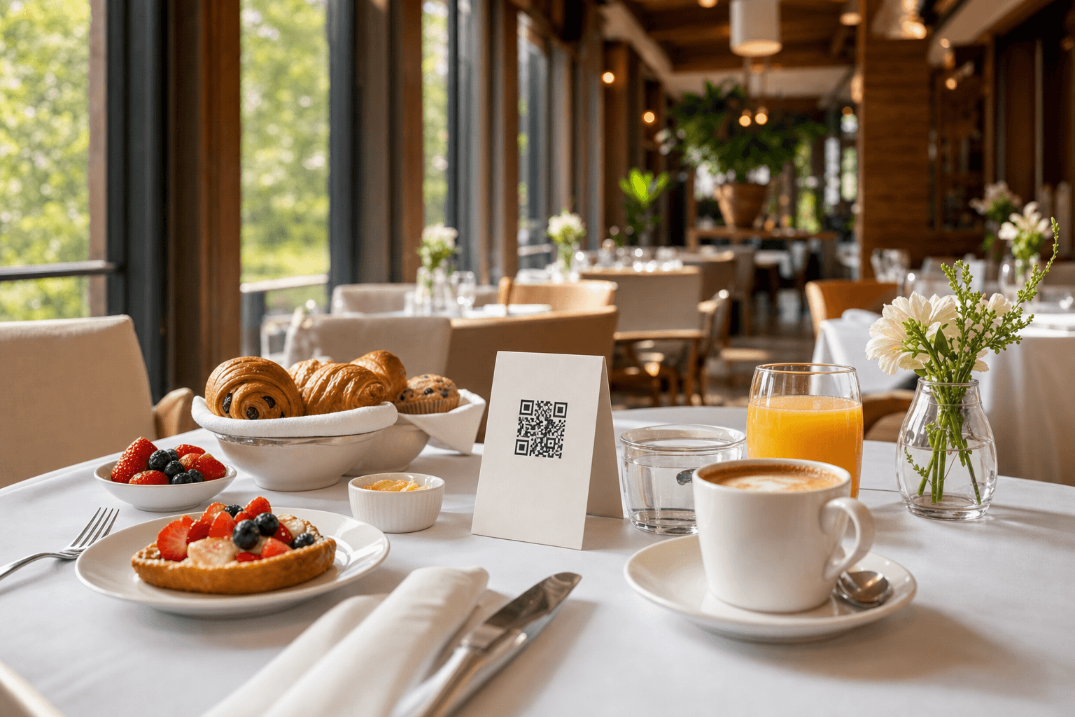 A restaurant table set for brunch with coffee, pastries, and a QR code menu stand in natural morning light