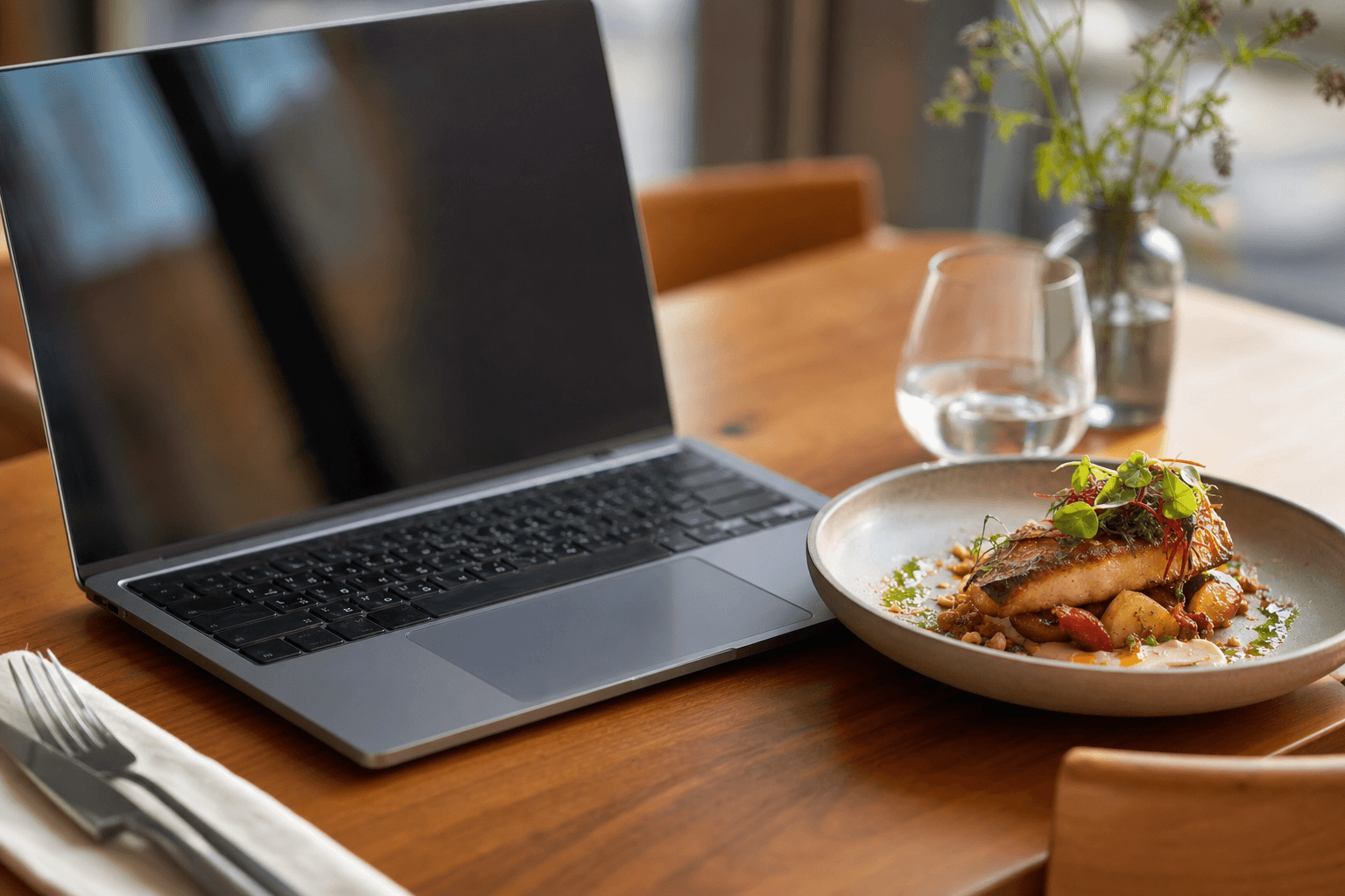 A person typing restaurant menu copy on a laptop next to a beautifully plated dish