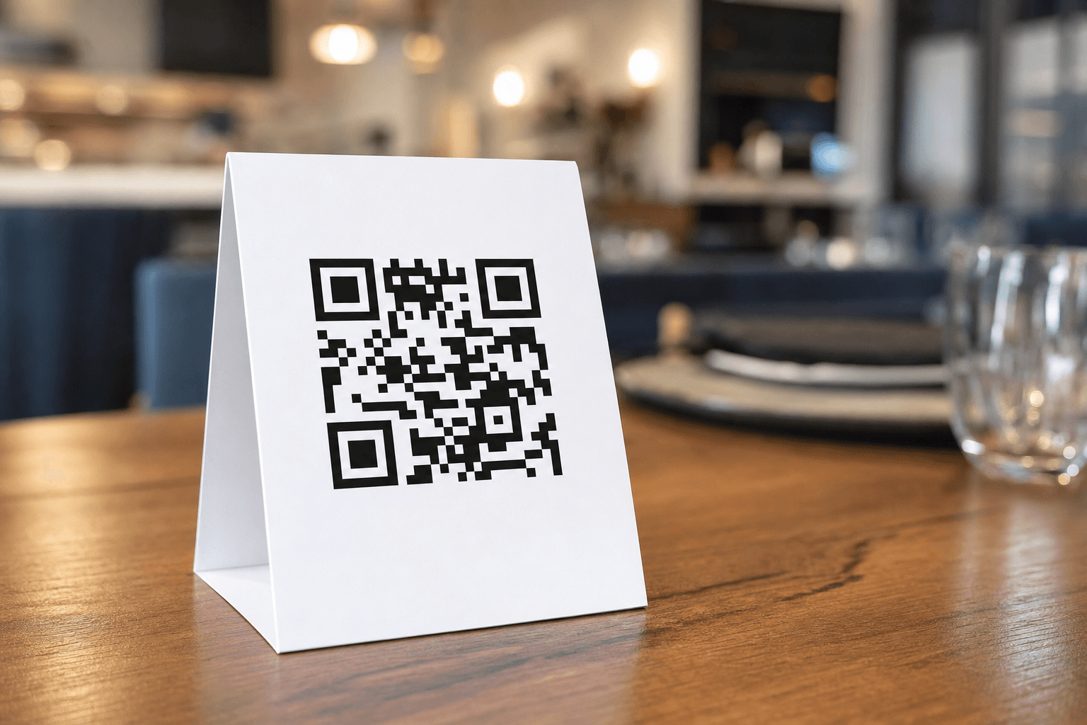 A crisp QR code printed on a table tent at a restaurant table, ready to scan