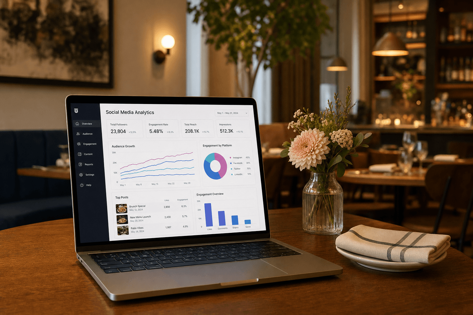 A restaurant owner reviewing Facebook analytics on a laptop next to a table set for dinner service