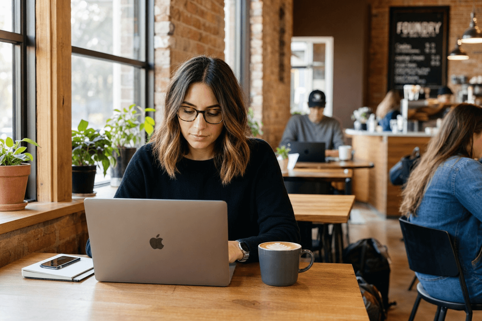 A remote worker with a laptop and coffee in a cozy, well-lit independent coffee shop