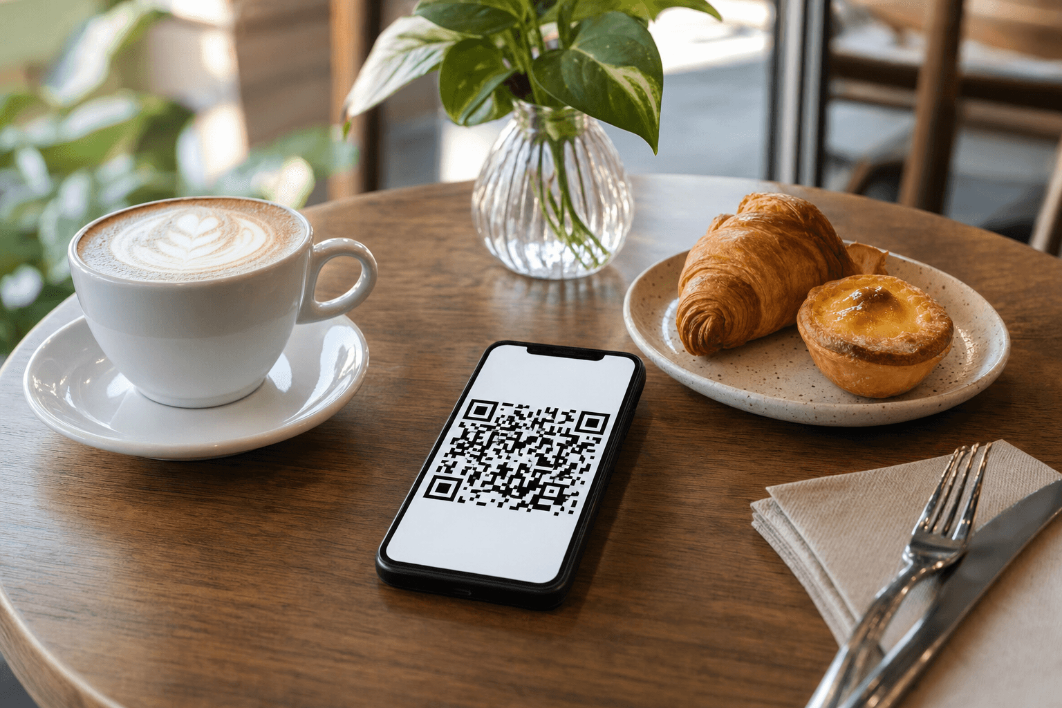 A smartphone displaying a restaurant menu QR code on a café table with coffee and food in the background