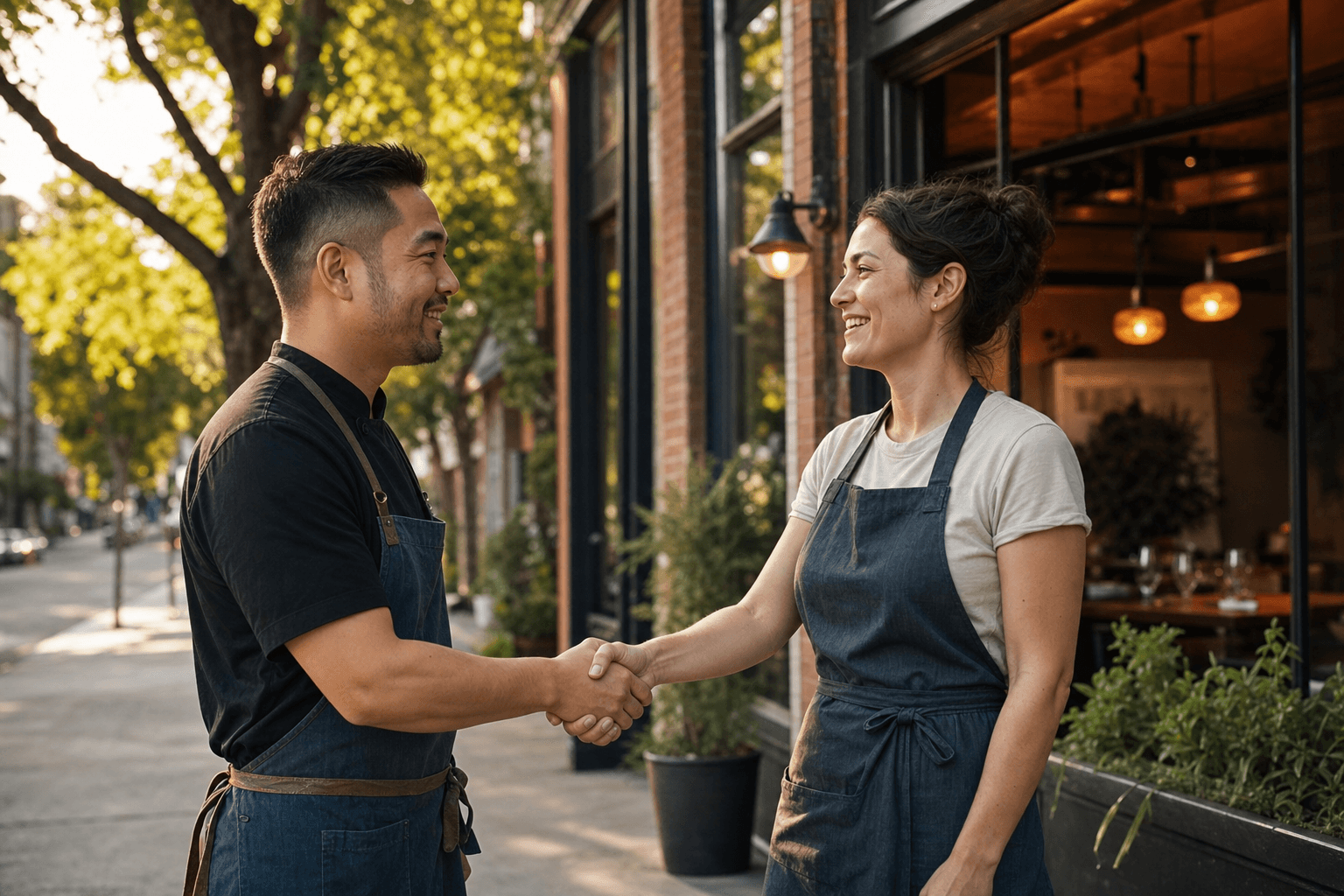 Two local business owners shaking hands outside a restaurant storefront on a sunny street