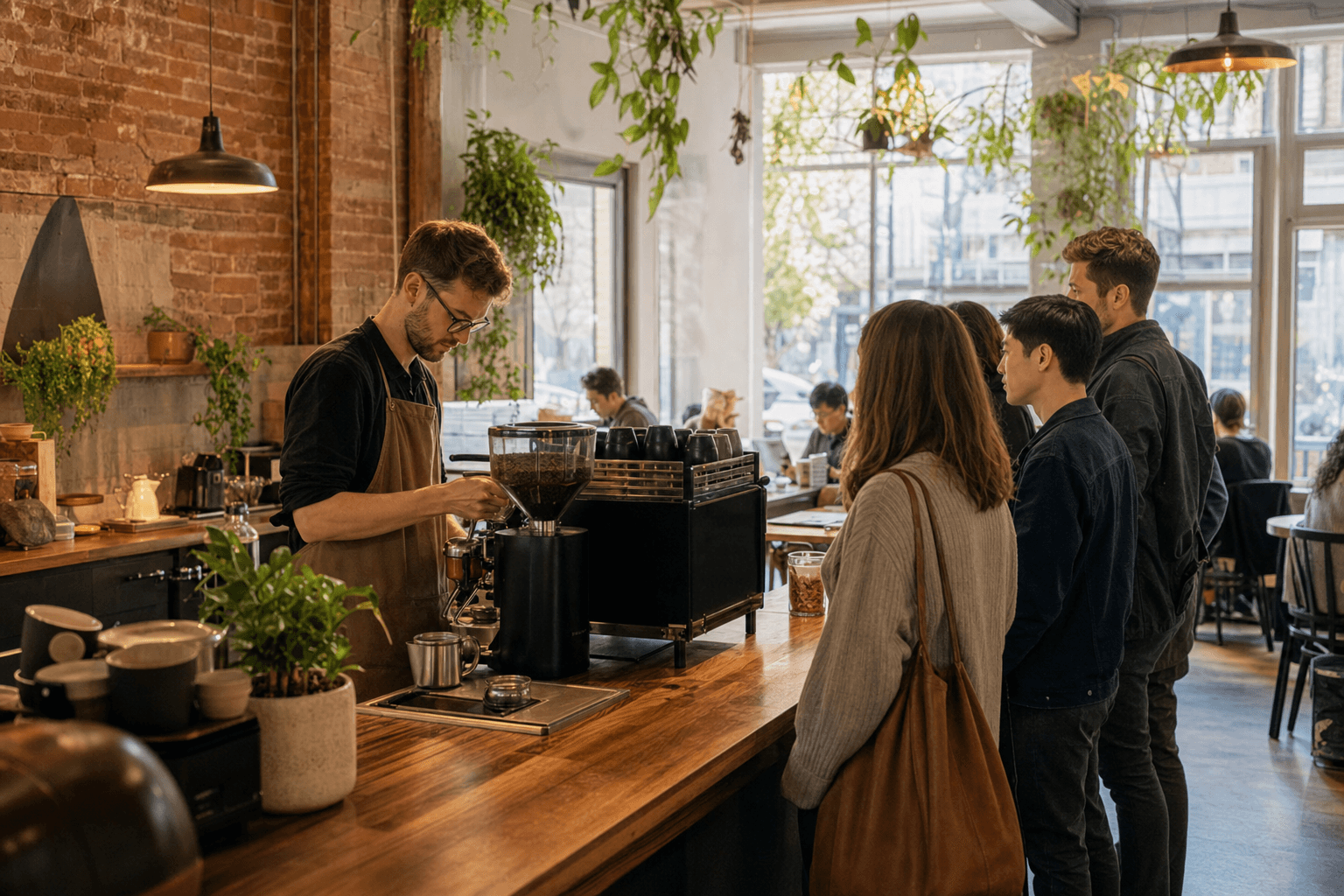 Busy independent coffee shop counter with barista serving customers during morning rush hour