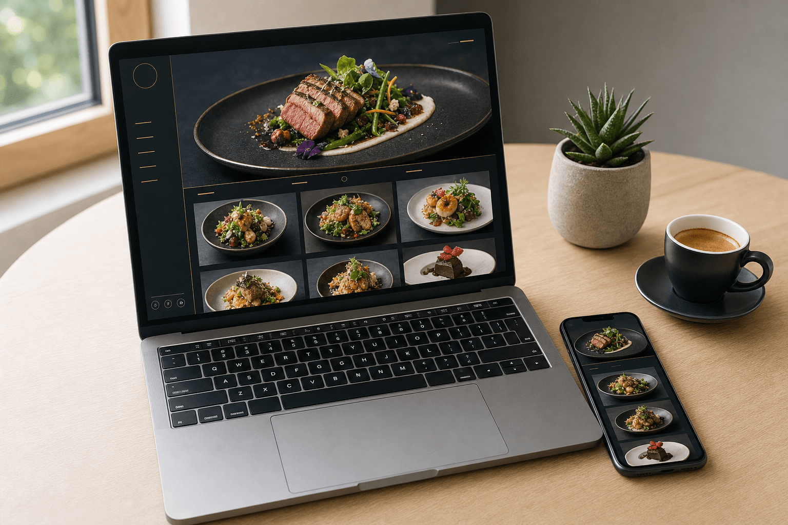 A laptop displaying a restaurant's digital menu on a modern website, with a smartphone showing the same menu beside it