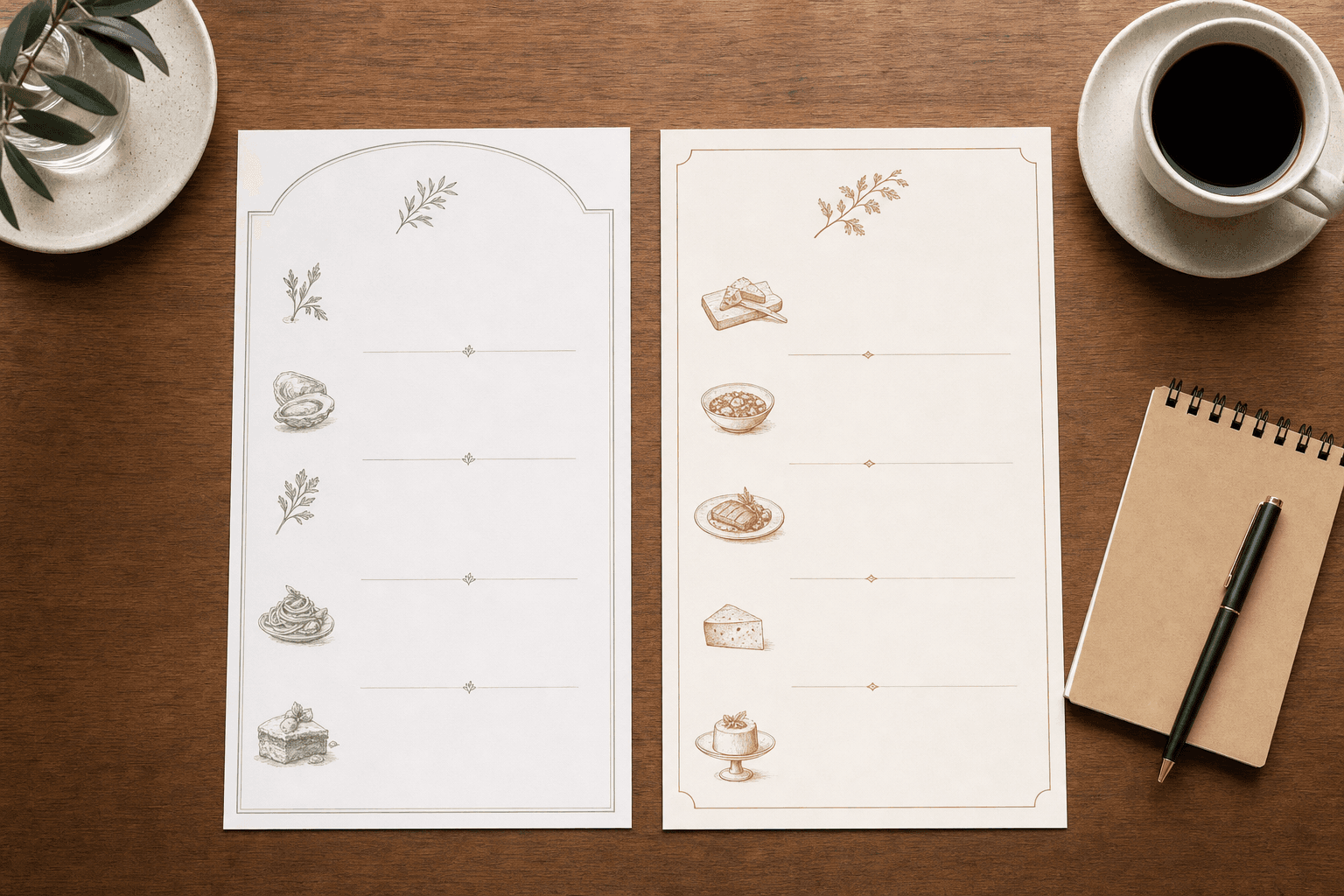 Two versions of a restaurant menu side by side on a table with a notepad and pen for comparison notes