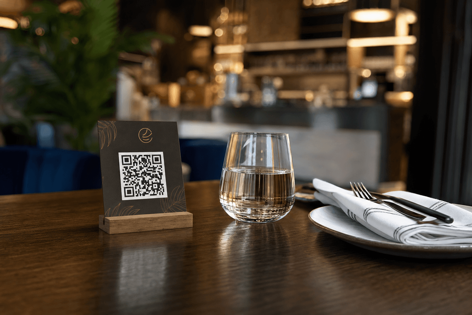 A restaurant table with a QR code menu stand next to a water glass and cutlery in a modern dining setting