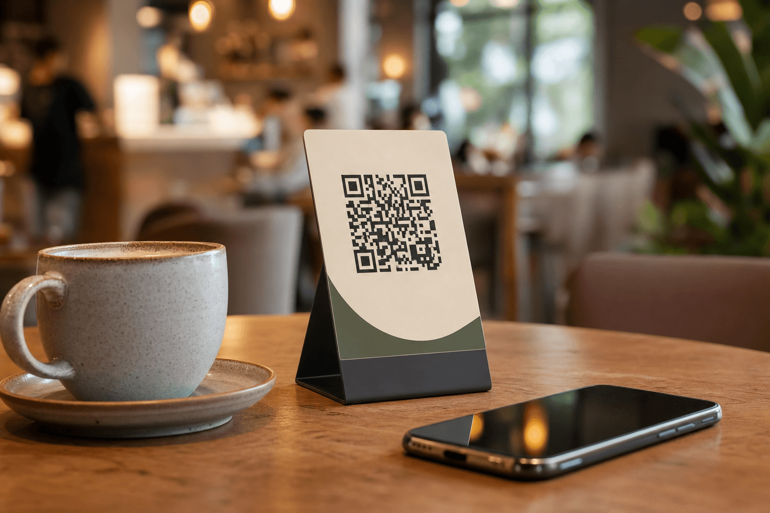 A restaurant table with a branded QR code stand next to a coffee cup and a smartphone showing a digital menu