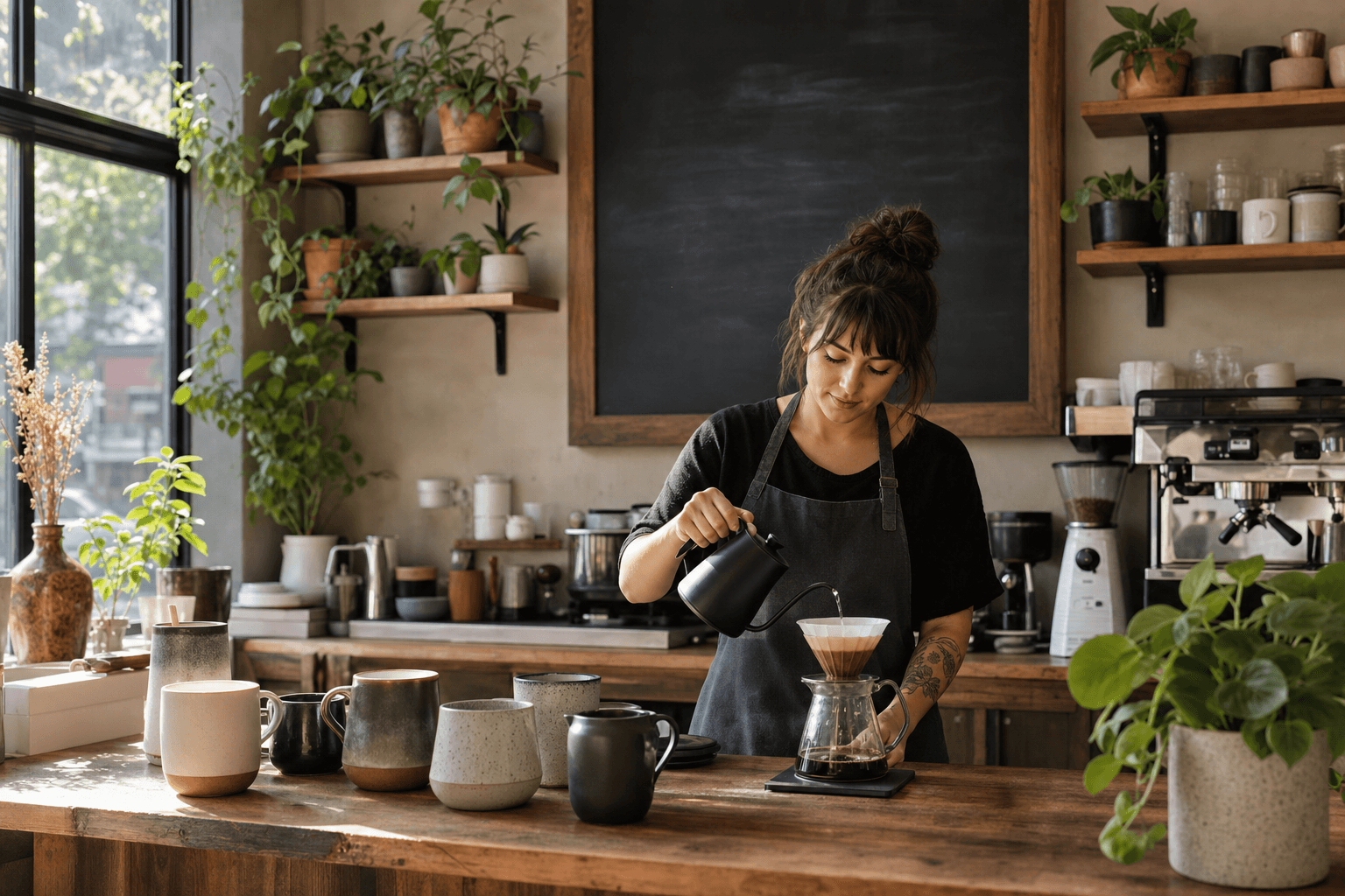 A warm, inviting independent coffee shop interior with reusable cups, plants, and natural light