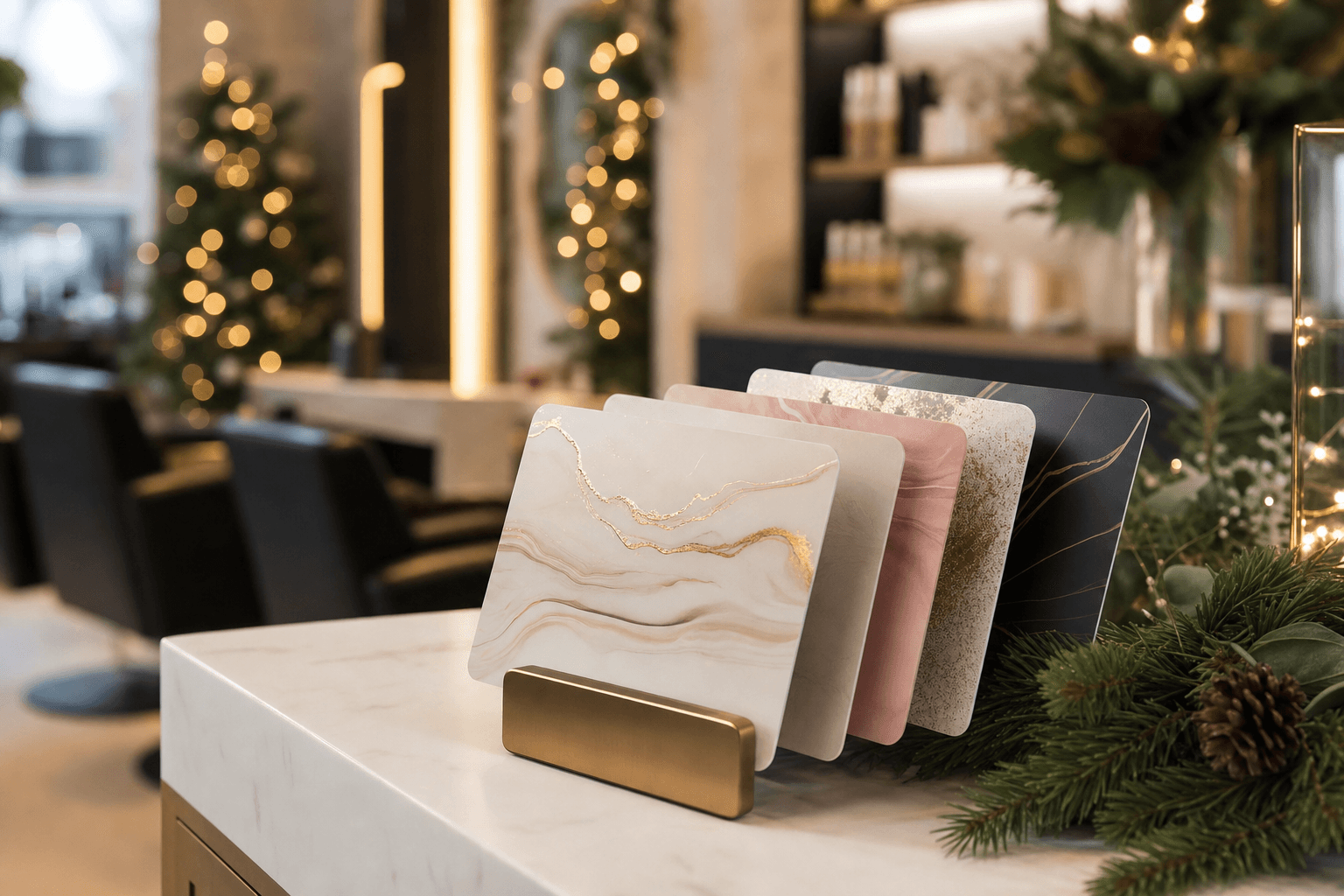 Elegant holiday gift cards fanned out on a salon reception counter with festive decorations in the background