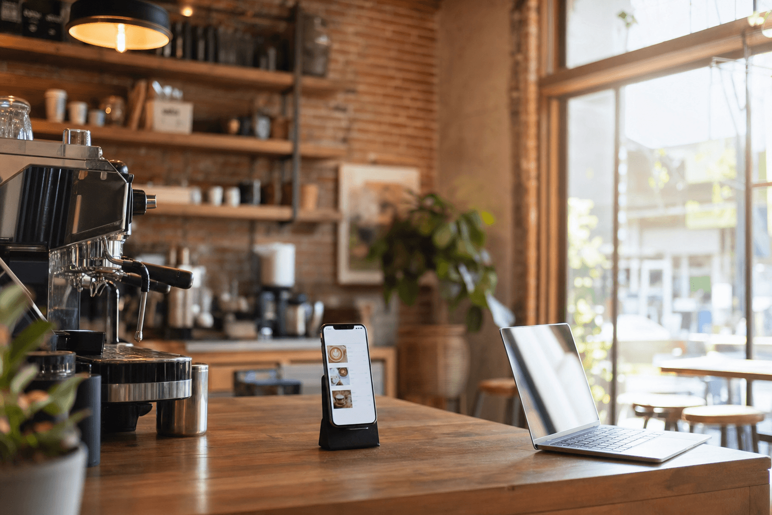 A cozy independent coffee shop with a laptop and smartphone showing a digital menu on the counter