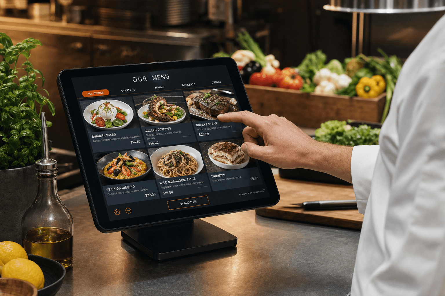 A chef writing today's specials on a tablet next to a table set for dining service