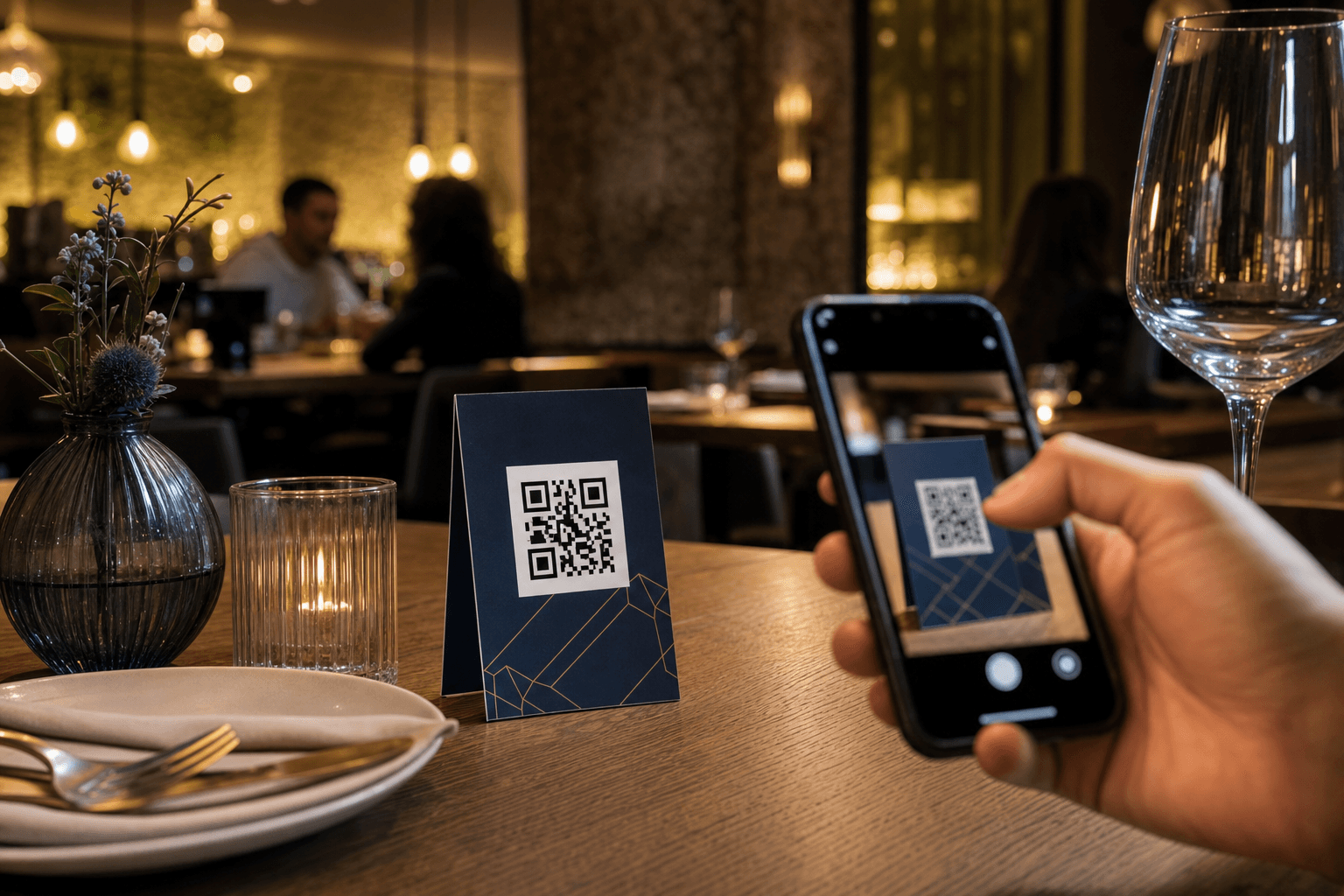A restaurant table with a QR code menu stand and a smartphone scanning it in a warm, modern dining setting
