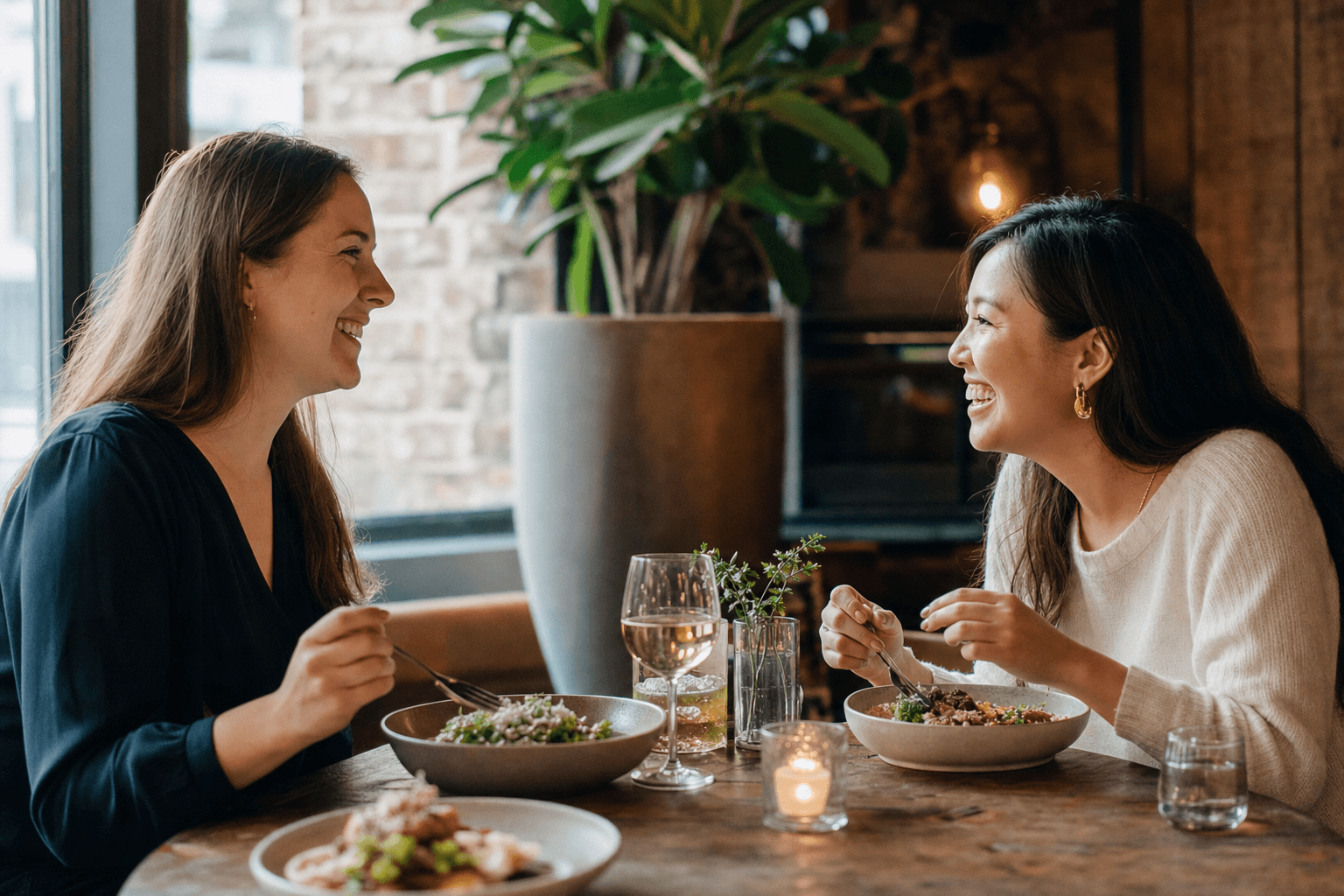 Two friends smiling and dining together at a cozy independent restaurant