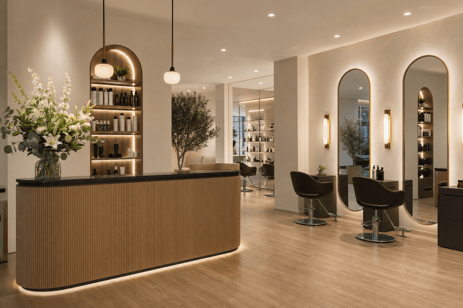 A modern, beautifully branded hair salon interior with clean lines, warm lighting, and a stylish reception desk