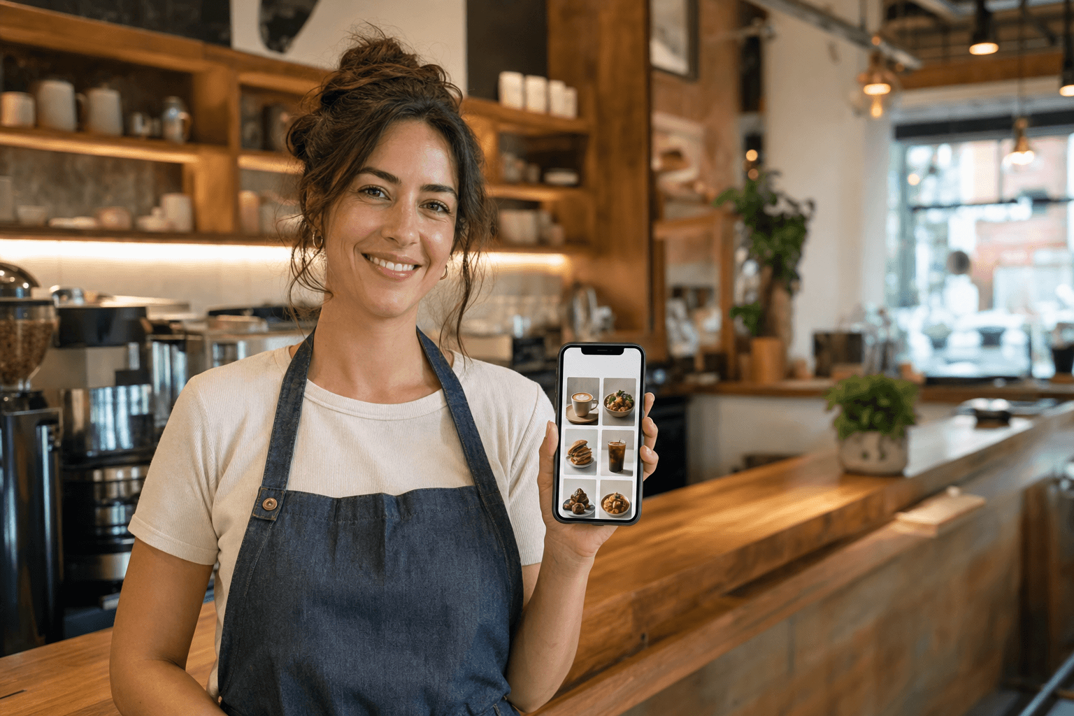 A restaurant owner viewing their hosted digital menu page on a smartphone at a wooden cafe counter