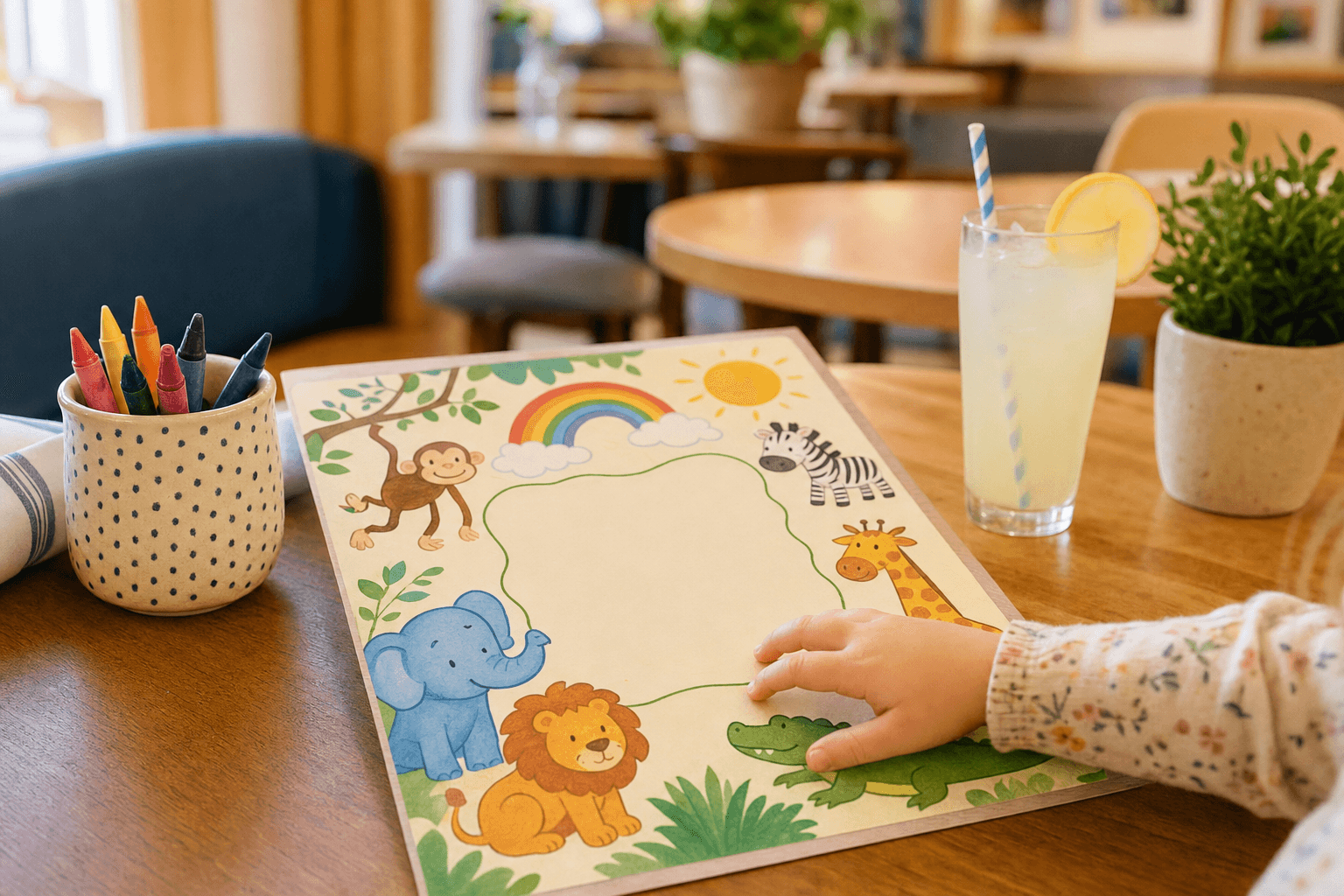 Colorful kids menu on a wooden restaurant table with crayons and a child's hand reaching for it