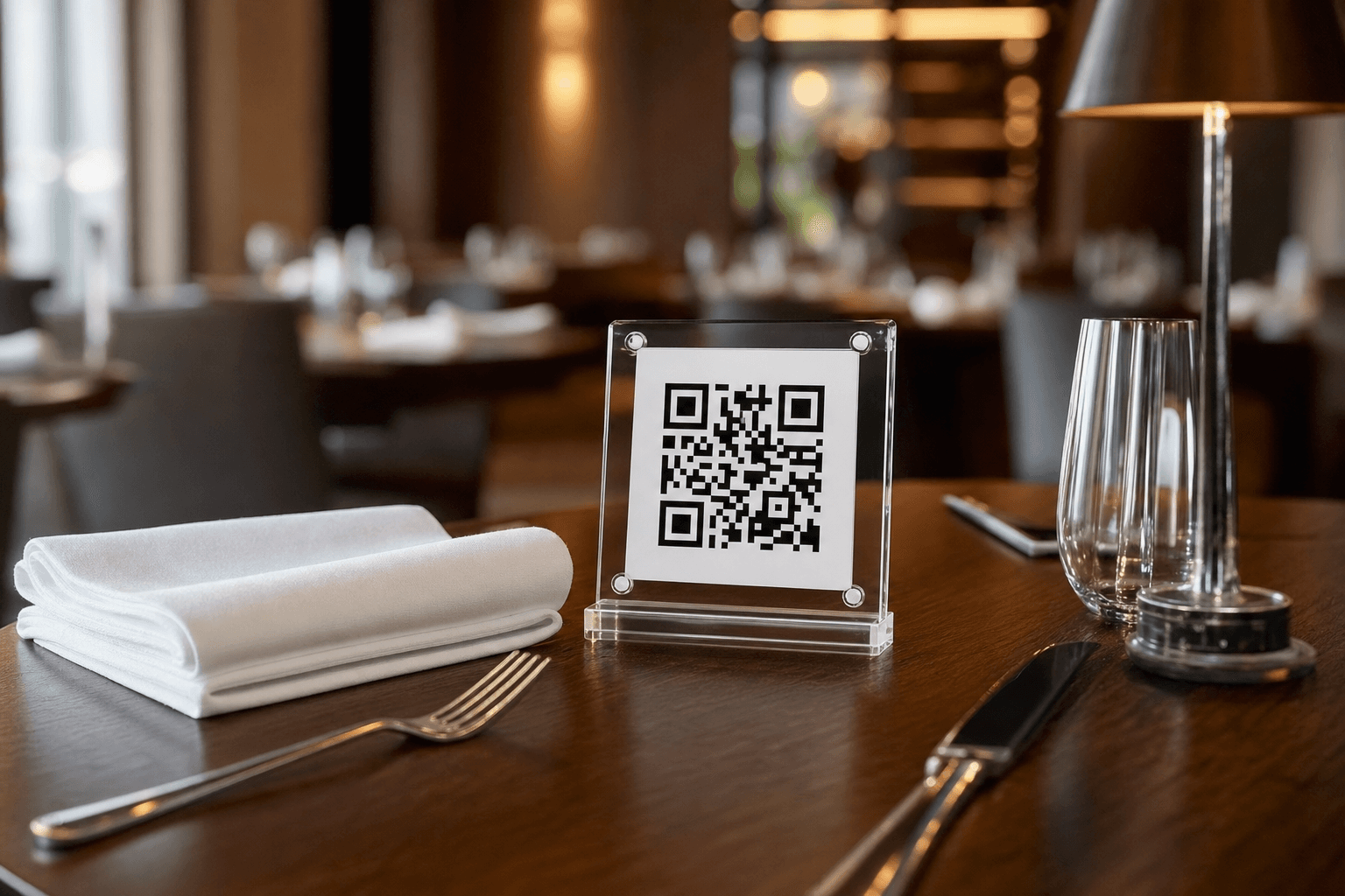 A restaurant table with a QR code stand next to a neatly folded napkin and cutlery, modern dining room in the background