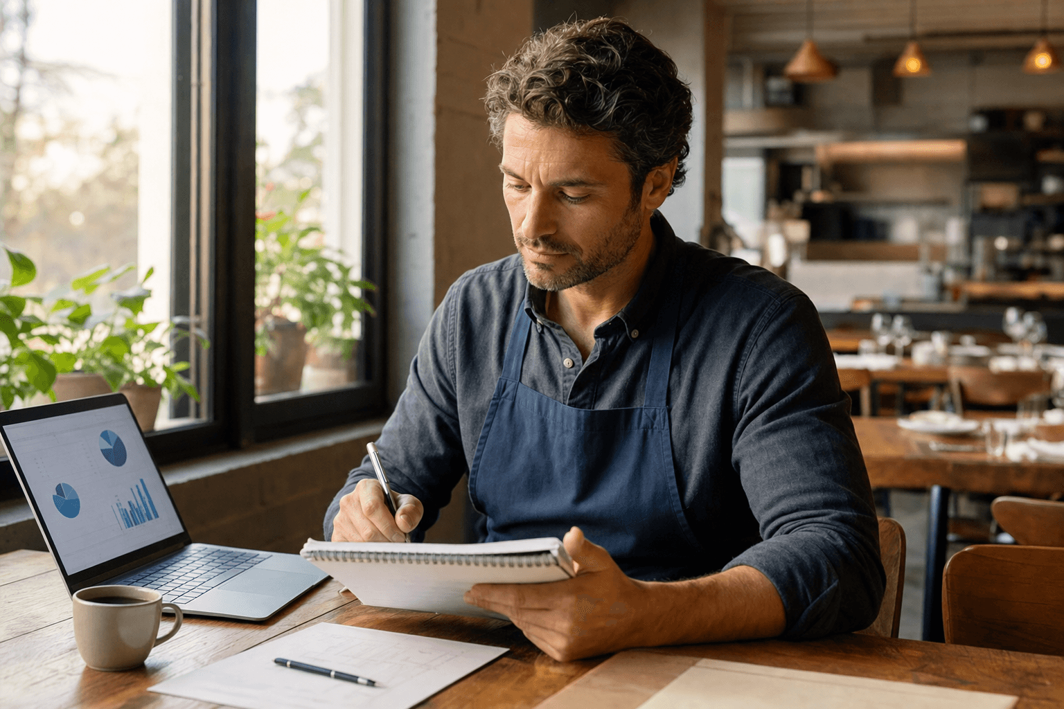 Restaurant owner reviewing handwritten sales notes and a laptop at a wooden table