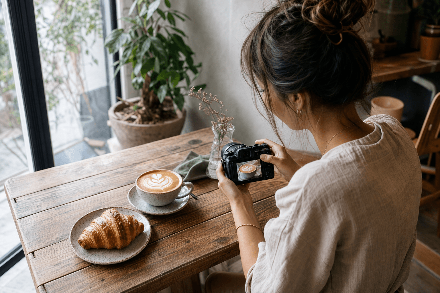 A food blogger photographing latte art and pastries at a cozy independent cafe
